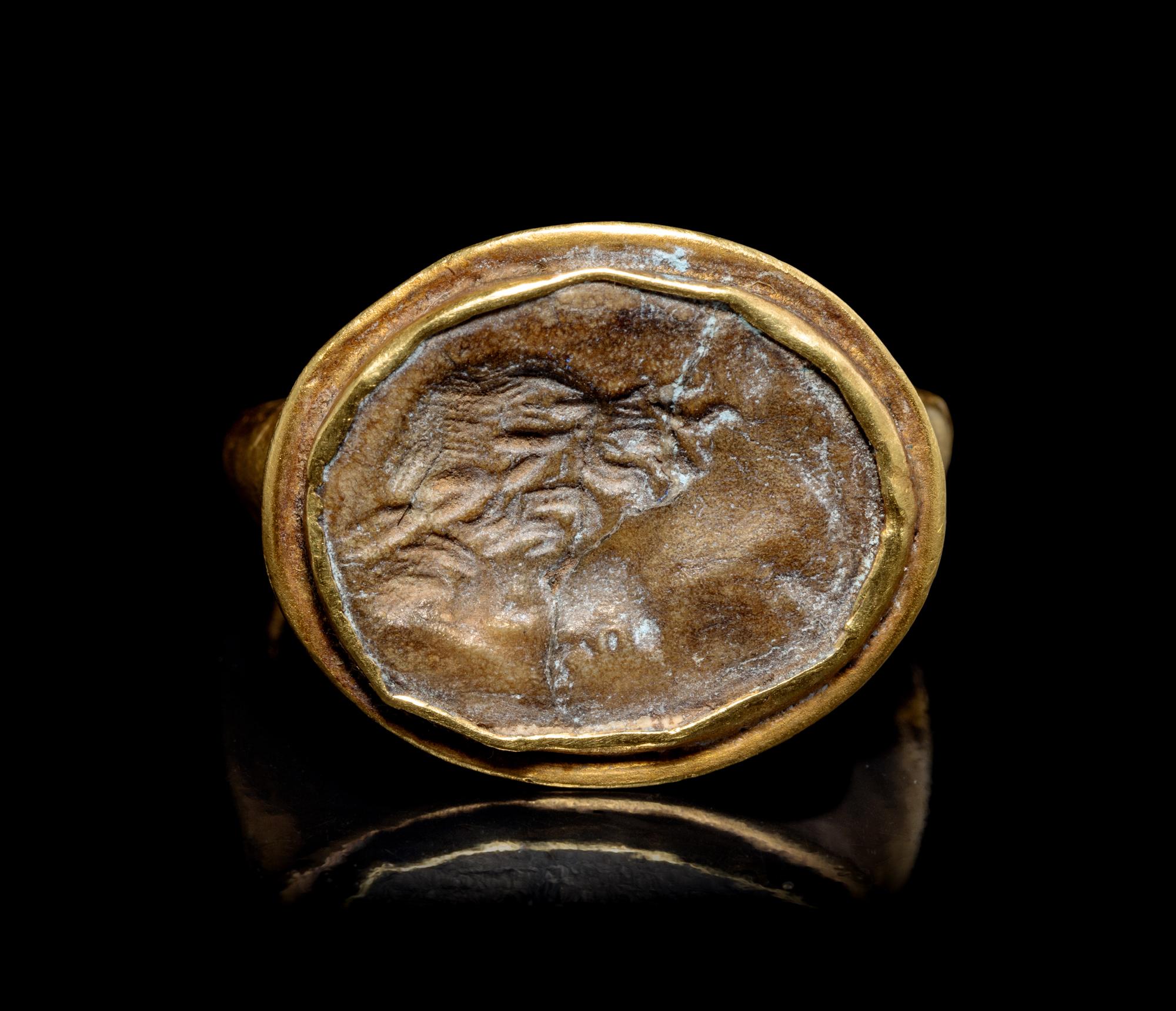 A Hellenistic Gold and Jasper Finger Ring with the Head of Alexander the Great