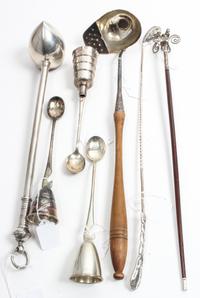 A Group of Seven Silver and Silver-Plate Bar Articles, various makers, comprising an American silver olive spoon marked George W. Shiel