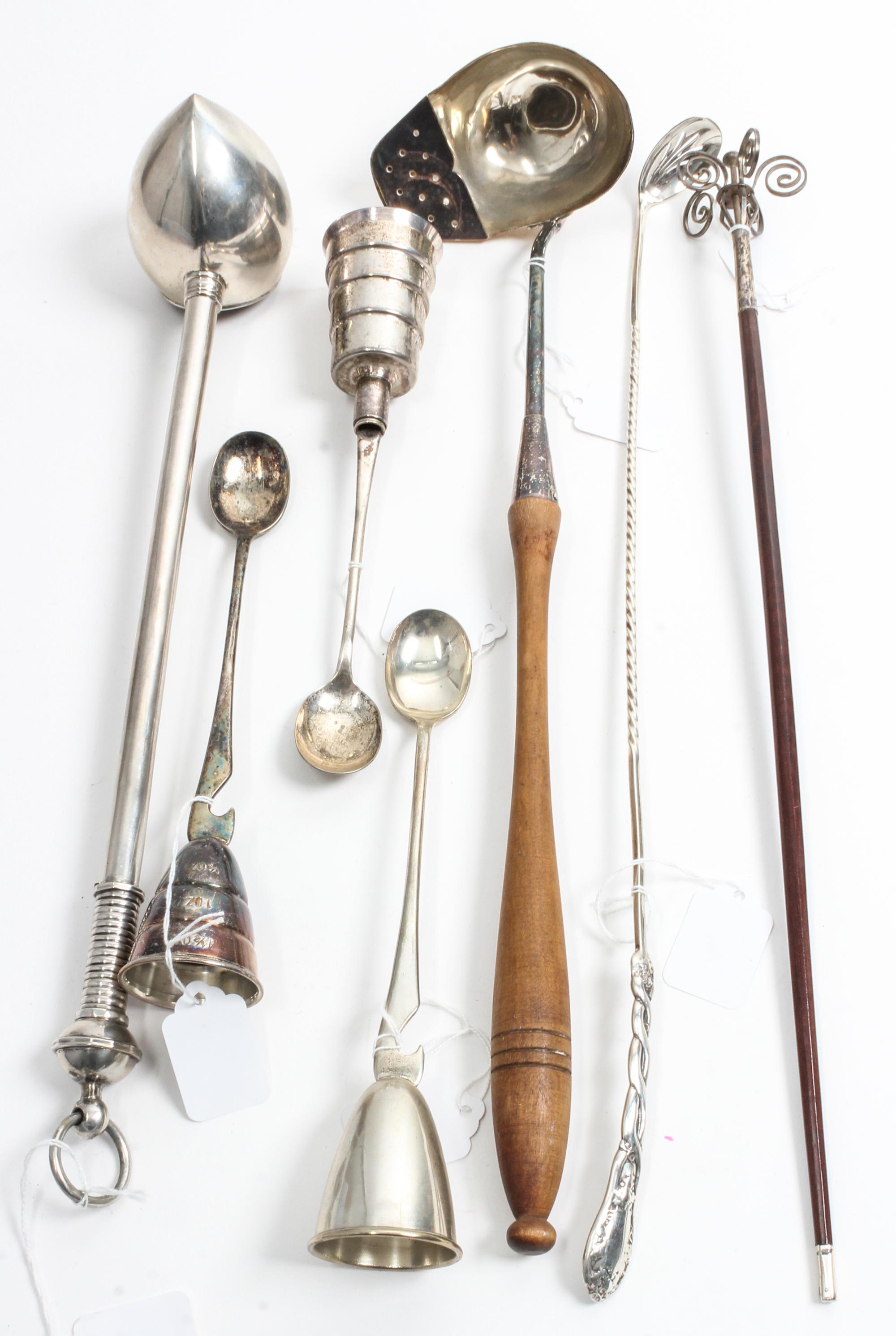 A Group of Seven Silver and Silver-Plate Bar Articles, various makers, comprising an American silver olive spoon marked George W. Shiel