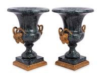 A Pair of Neoclassical Style Gilt Metal Mounted Marble Campagna-Form Urns