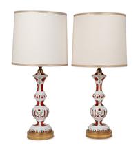 A Pair of Bohemian Enameled White Overlay Ruby Glass Lamps