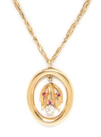 A Yellow Gold, Diamond and Ruby Pendant Necklace, 14.00 dwts.