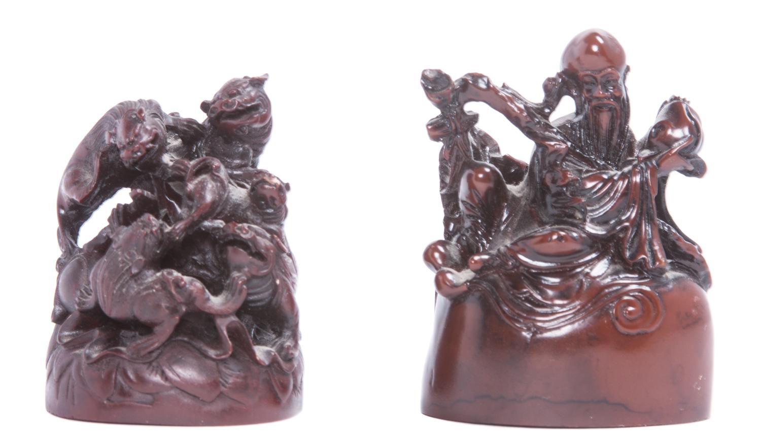 Two Small Chinese Carved Wood Figures Height of taller 2 3/4 inches.
