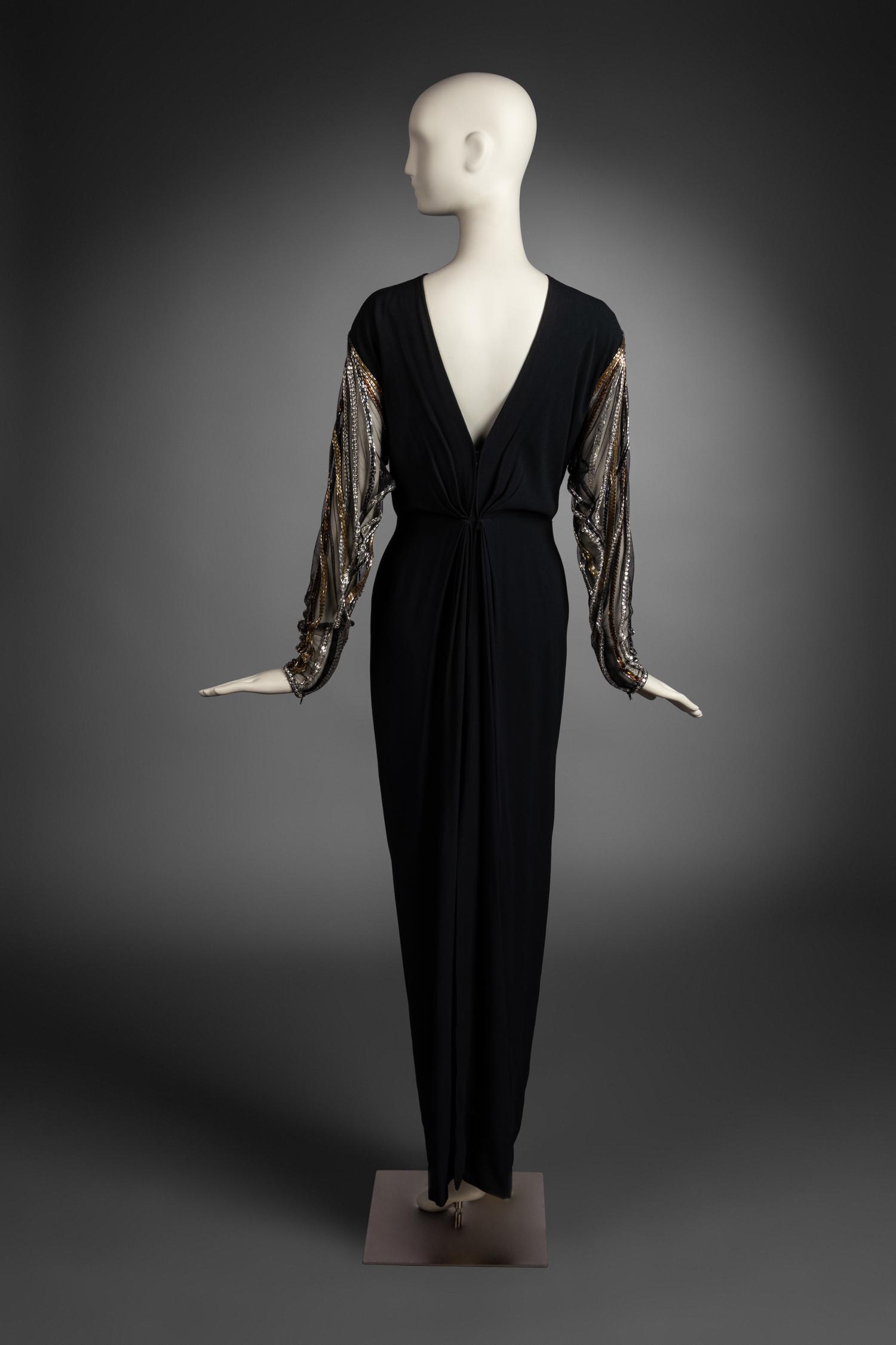 Bob Mackie Pleated V-Neck Dress with Embellished Sleeves, 1980-90s
