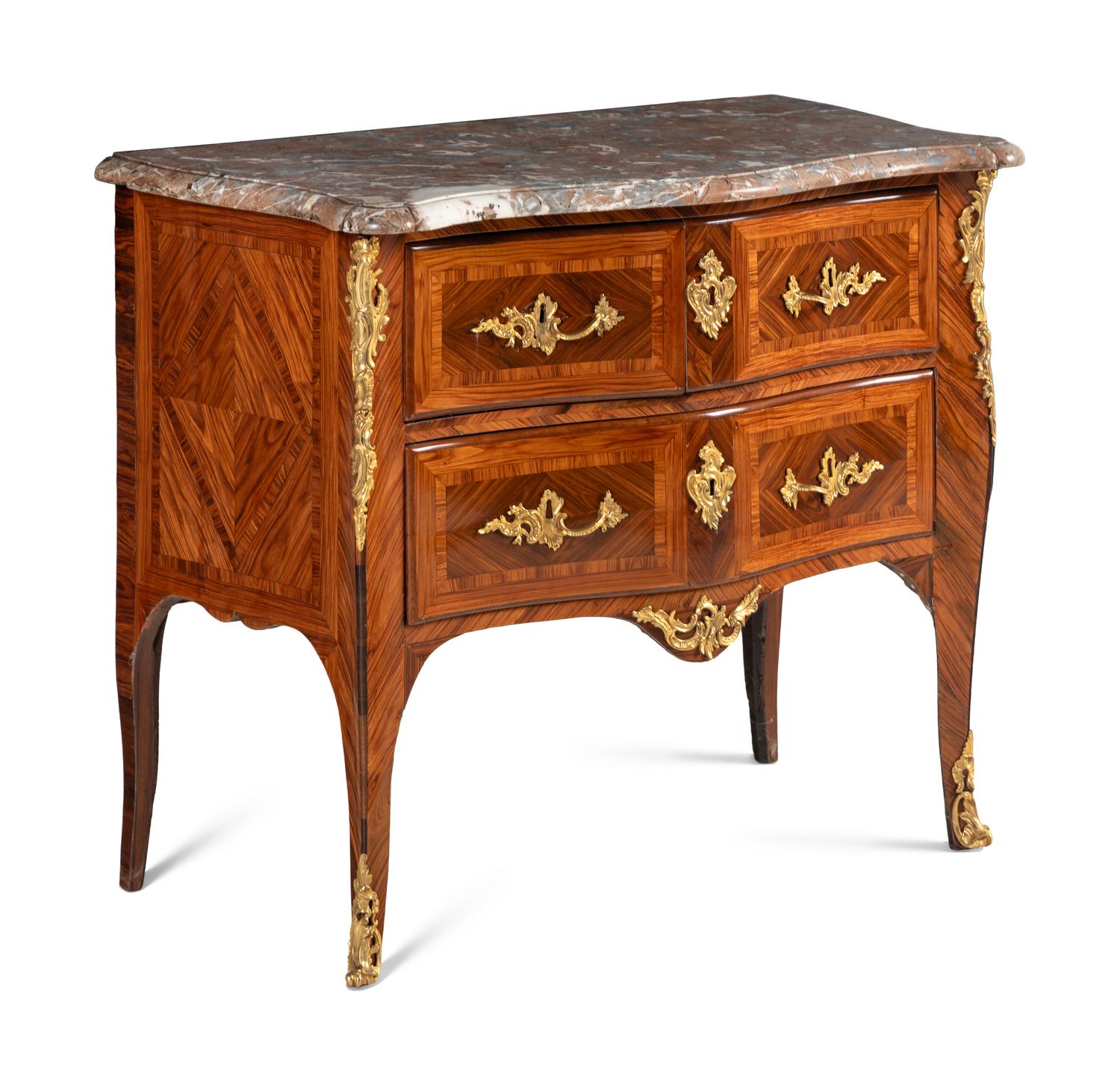 A Louis XV Gilt Bronze Mounted Kingwood and Tulipwood Marble-Top Commode