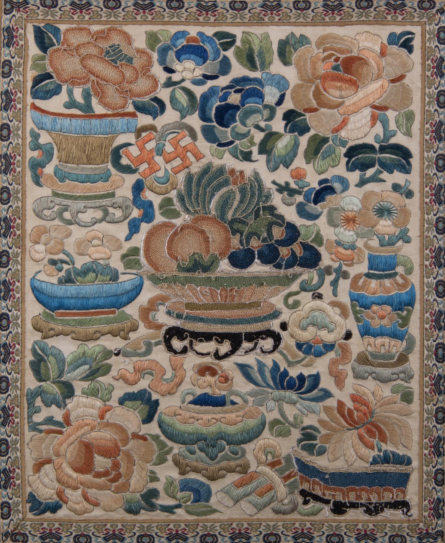 Two Chinese Embroidered Panels Height of first 12 1/2 x width 10 1/4 inches.