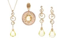 An 18 Karat Yellow Gold, Yellow Quartz and Diamond Demi Parure, Together With A Bicolor Gold, Citrine, and Diamond Pendant, 16.50 dwts.