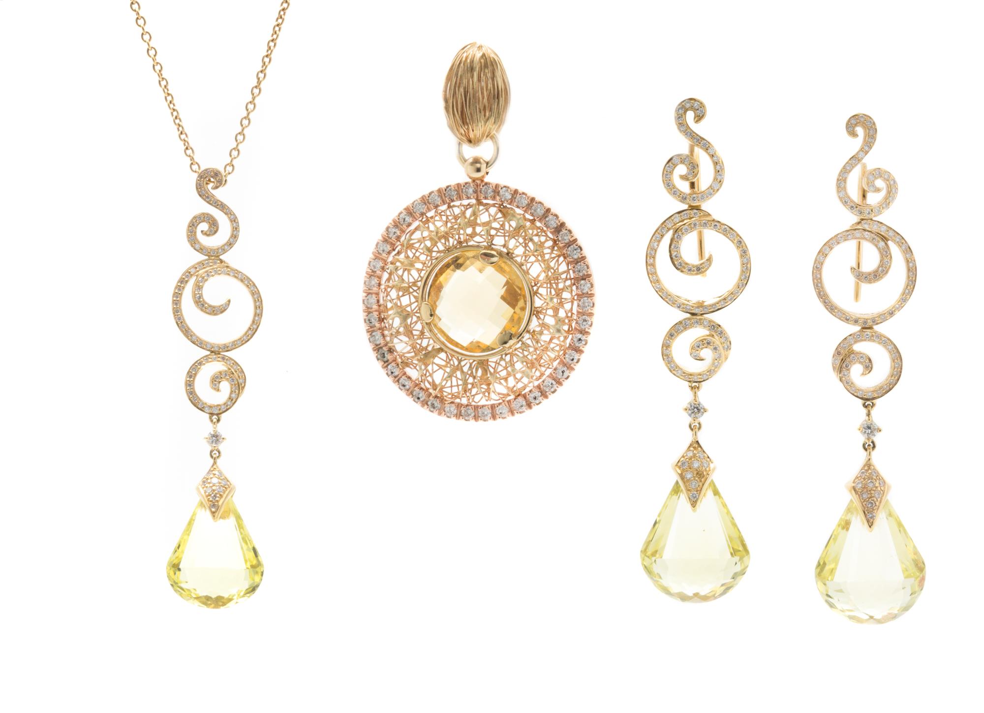 An 18 Karat Yellow Gold, Yellow Quartz and Diamond Demi Parure, Together With A Bicolor Gold, Citrine, and Diamond Pendant, 16.50 dwts.