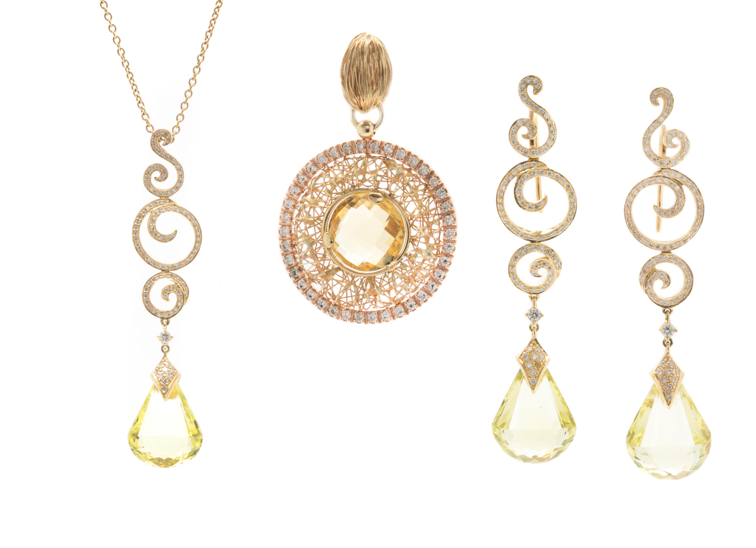 An 18 Karat Yellow Gold, Yellow Quartz and Diamond Demi Parure, Together With A Bicolor Gold, Citrine, and Diamond Pendant, 16.50 dwts.
