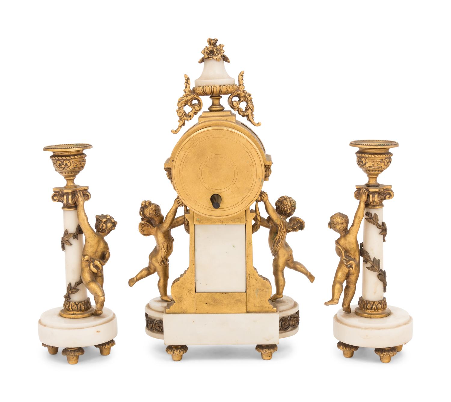 A French Gilt Bronze Mounted Marble Clock Garniture