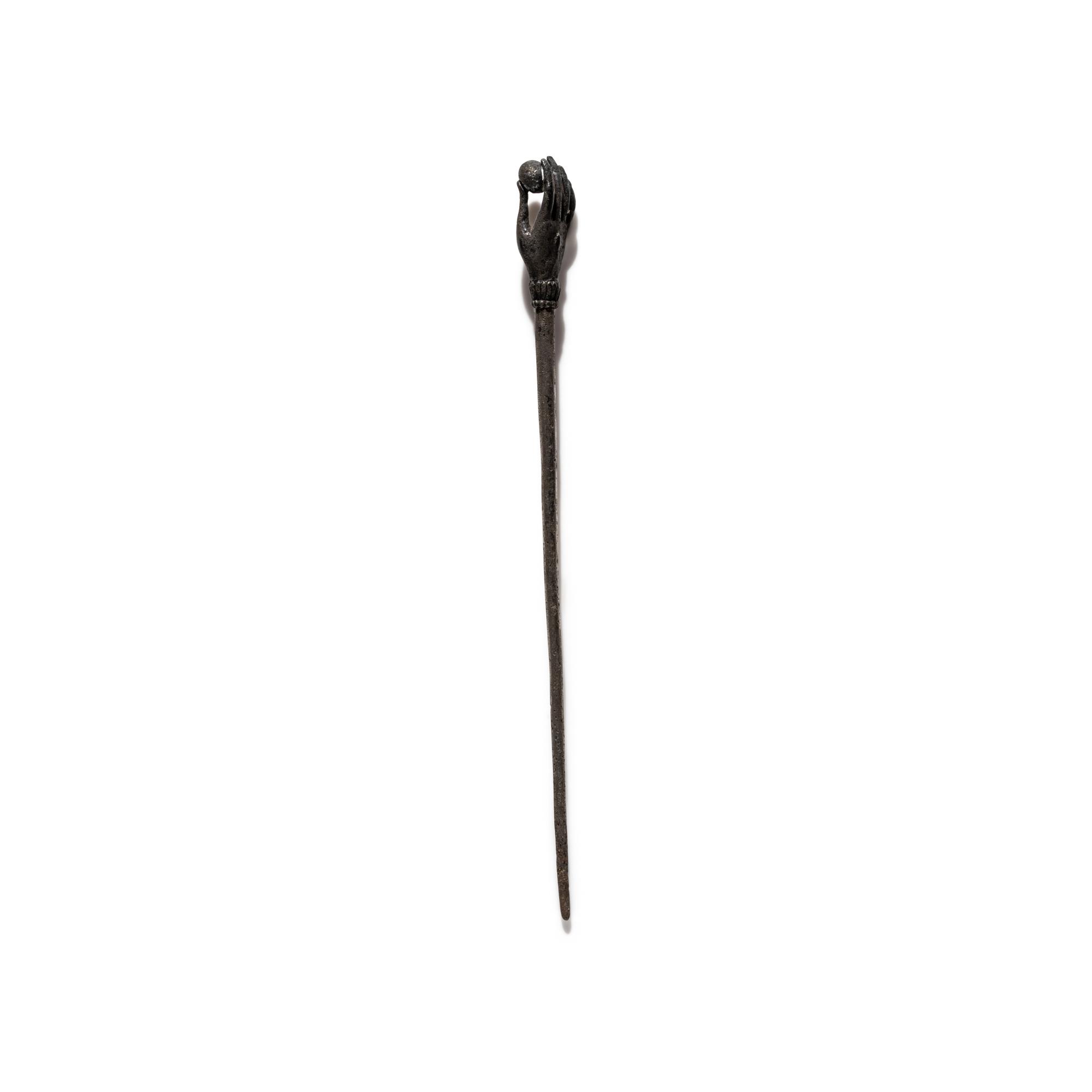 A Roman Silver Stickpin with a Hand and Pomegranate Finial