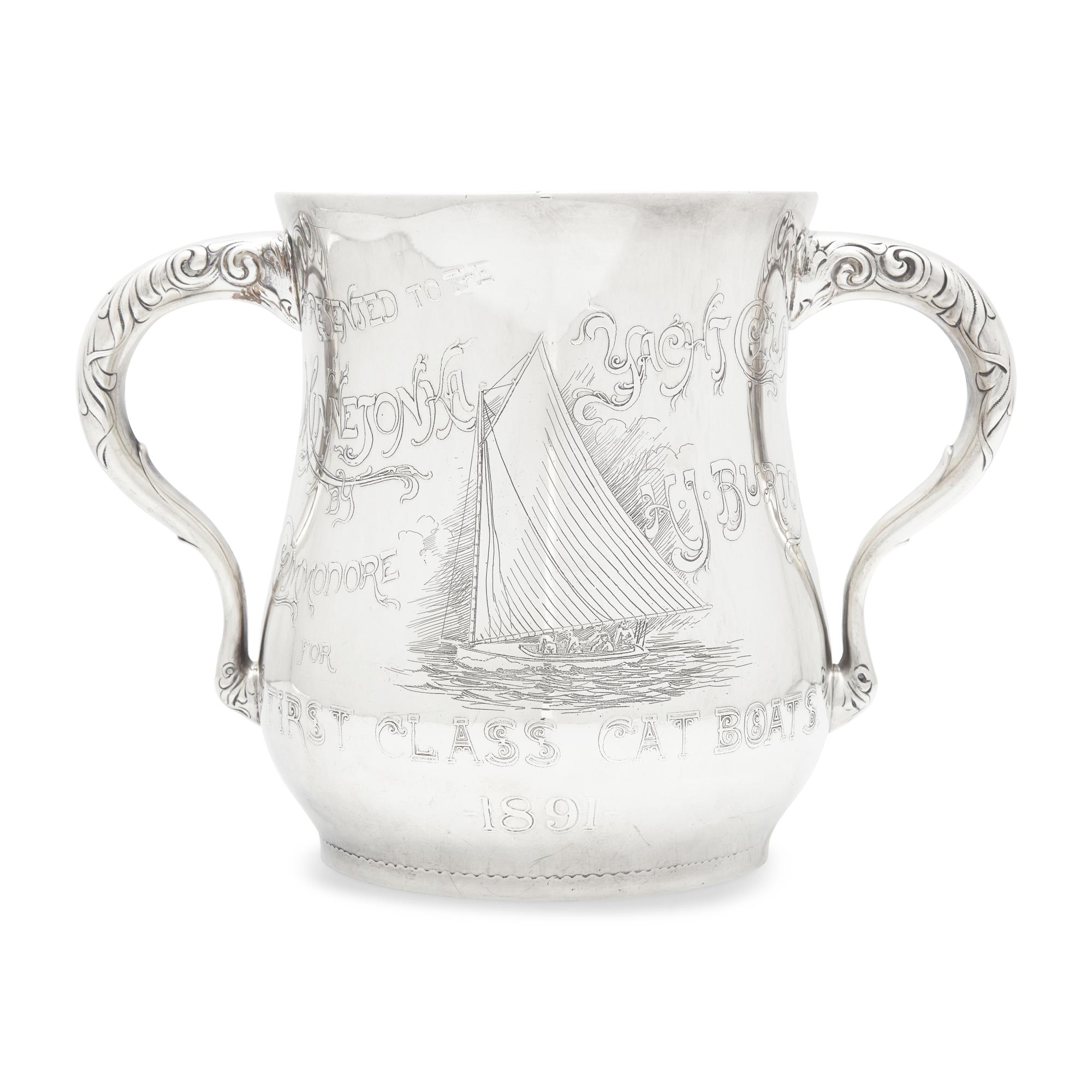 An Aesthetic Movement Sterling Silver Two-Handled Yacht Racing Trophy