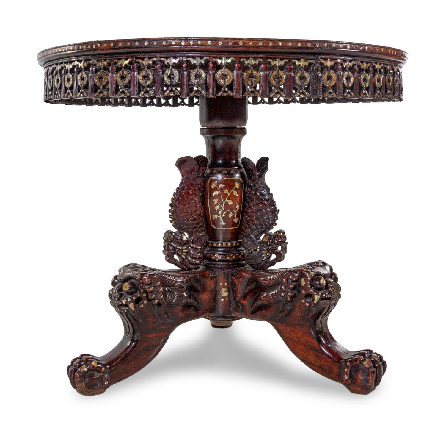 A Chinese Marble Inset and Mother-of-Pearl Inlaid Rosewood Center Table