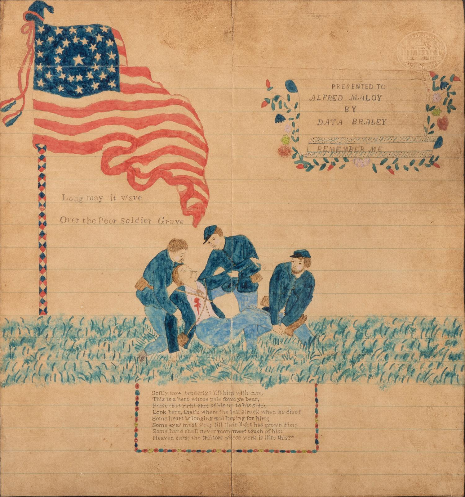 Long May it Wave over the Soldier's Grave . Civil War soldier folk art drawing.