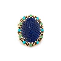 YELLOW GOLD, CARVED LAPIS AND MULTIGEM RING