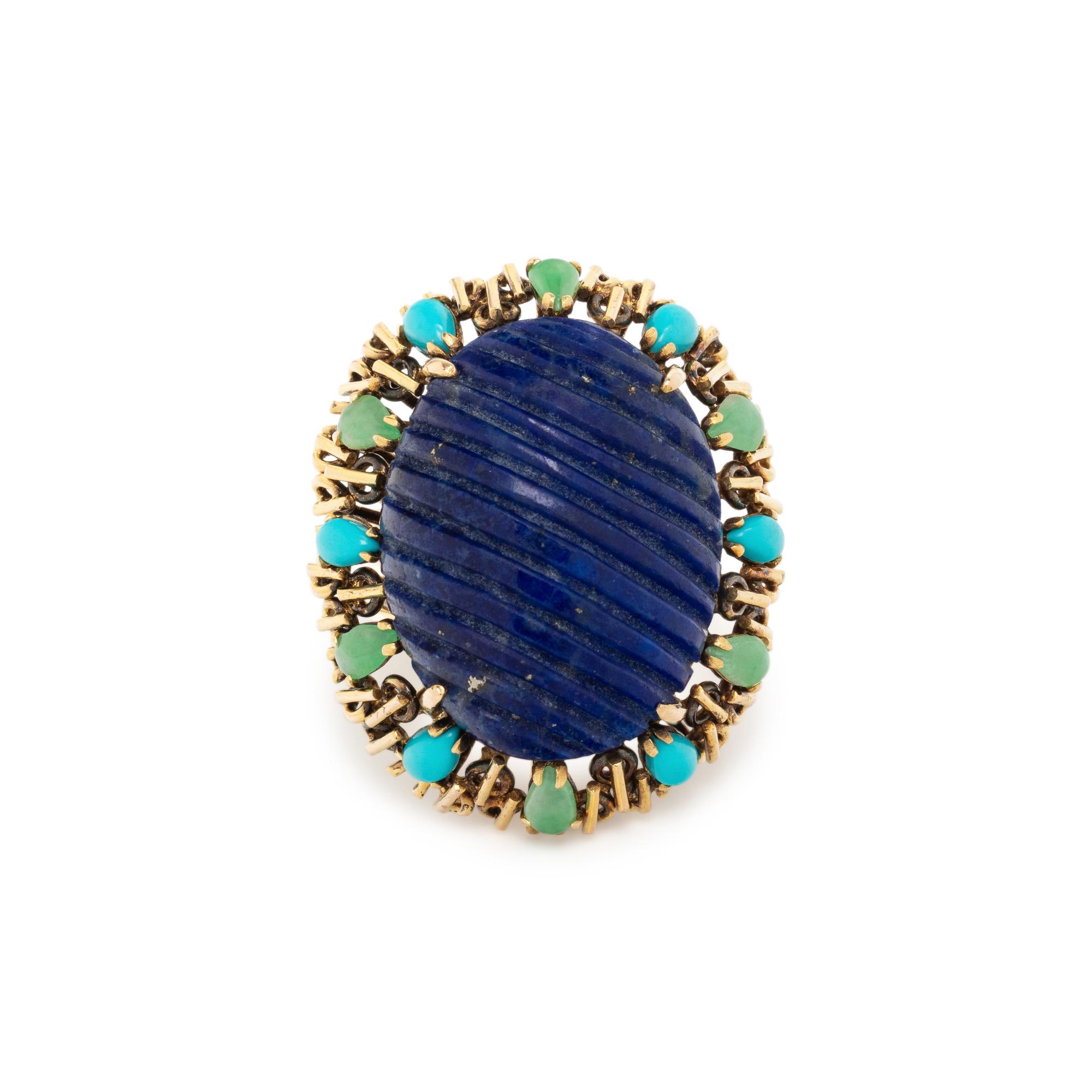 YELLOW GOLD, CARVED LAPIS AND MULTIGEM RING