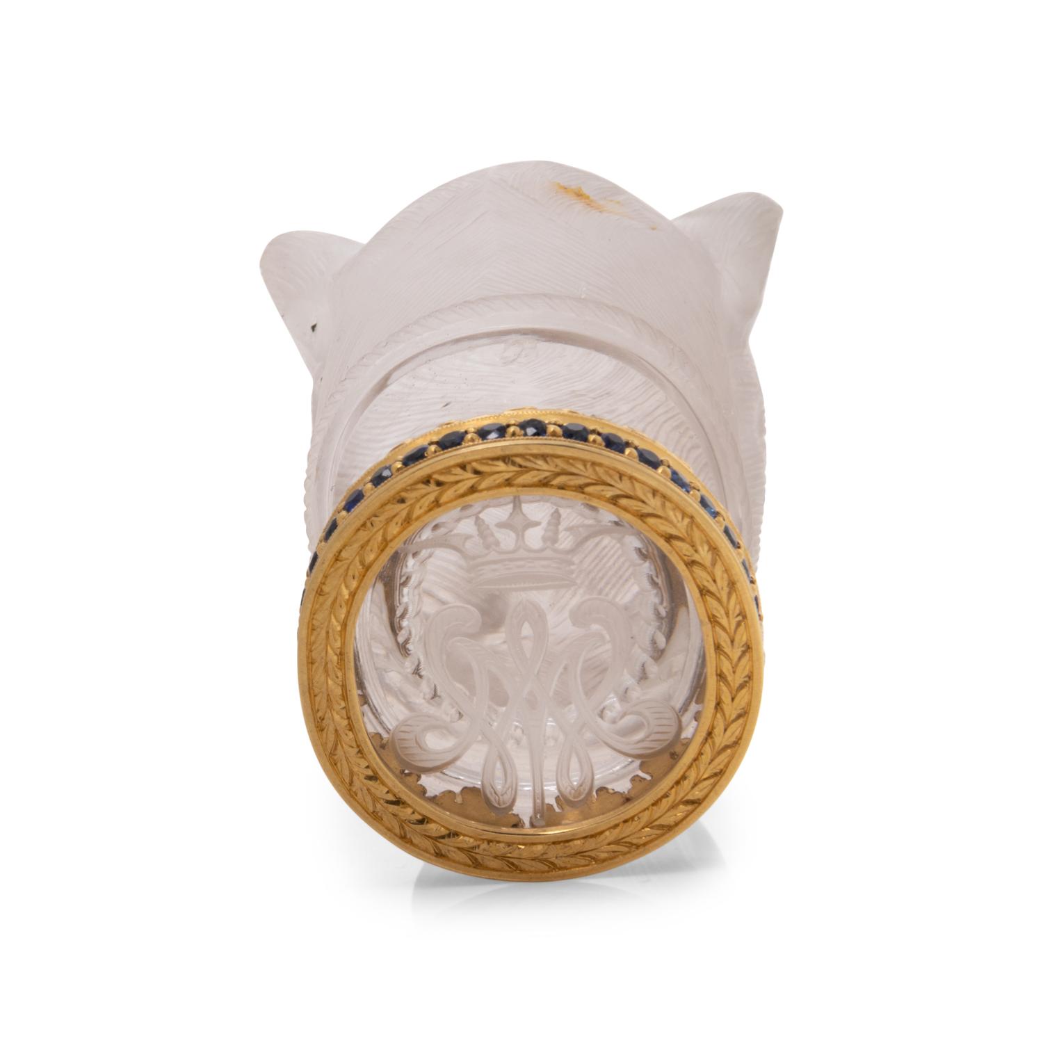 A Continental Gold, Diamond and Sapphire Mounted Carved Rock Crystal Hand-Seal