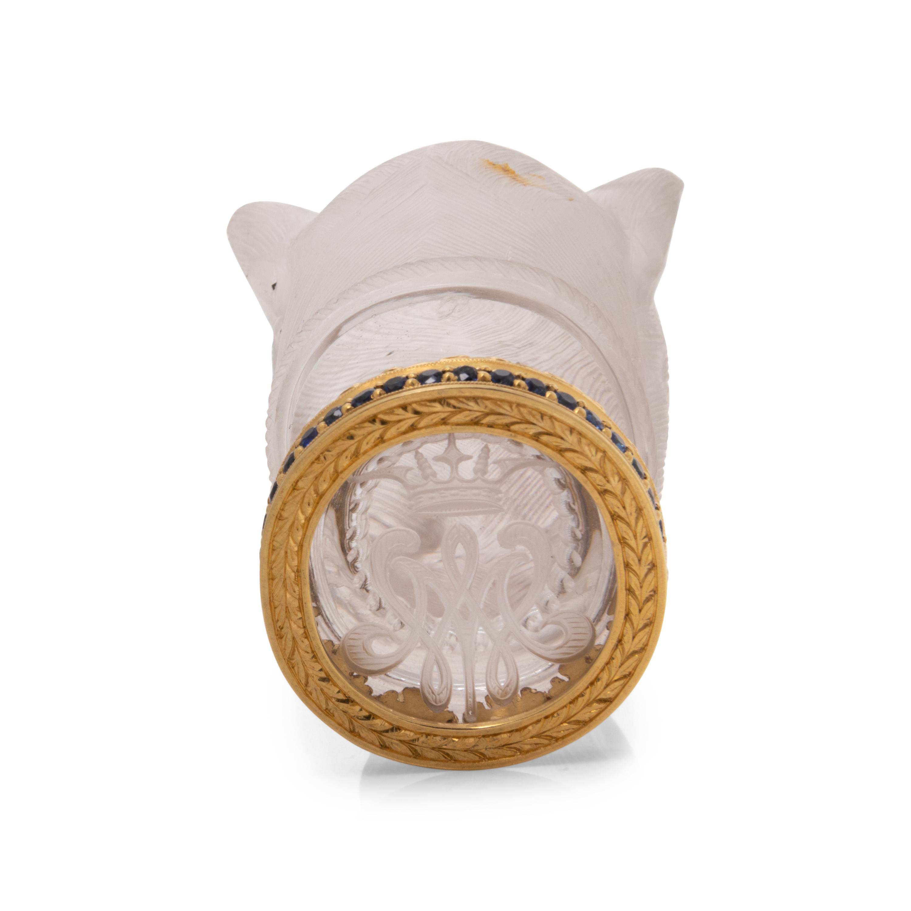 A Continental Gold, Diamond and Sapphire Mounted Carved Rock Crystal Hand-Seal