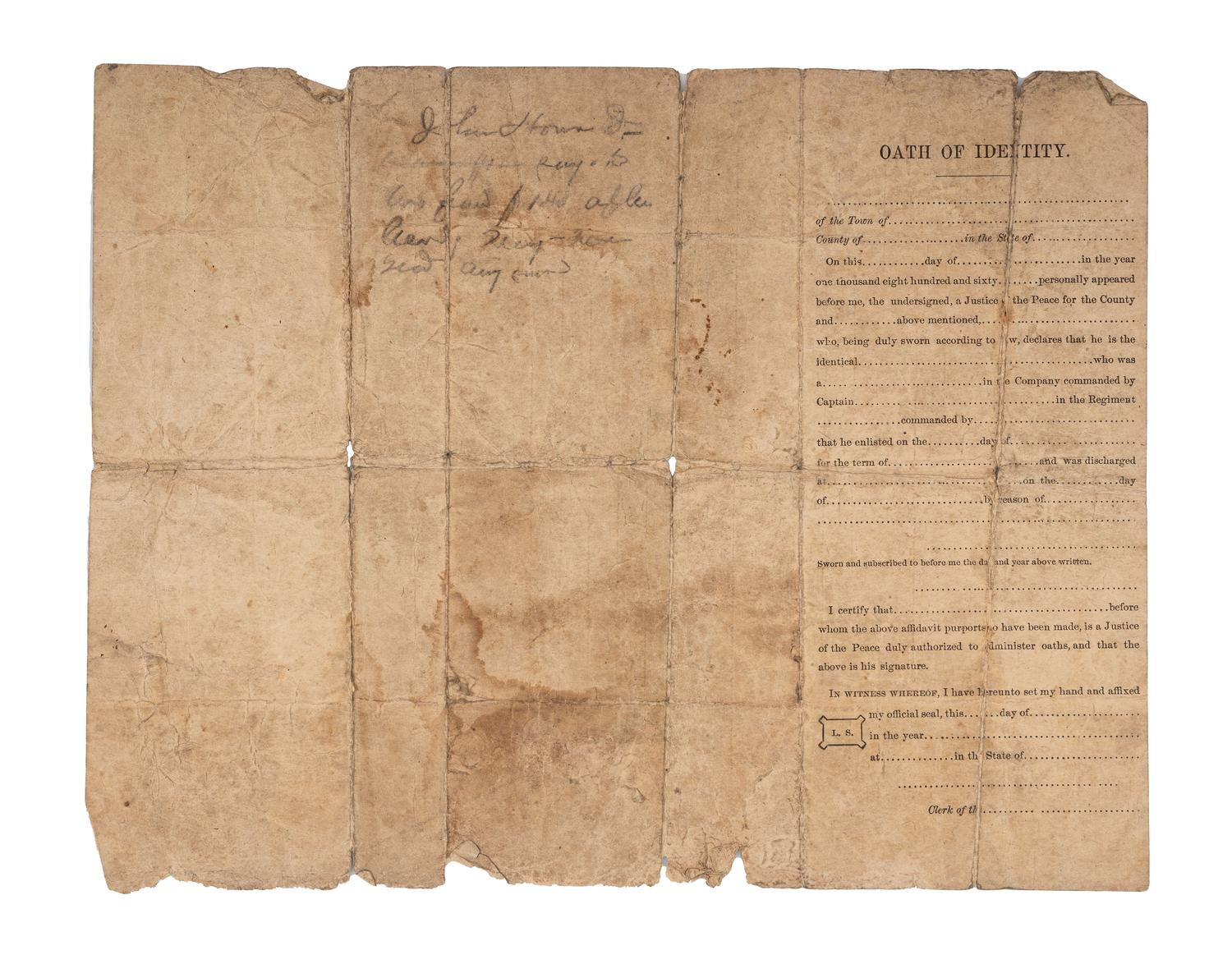 [CIVIL WAR]. Discharge certificate for formerly enslaved African American soldier John Howard of Shelby County, KY.