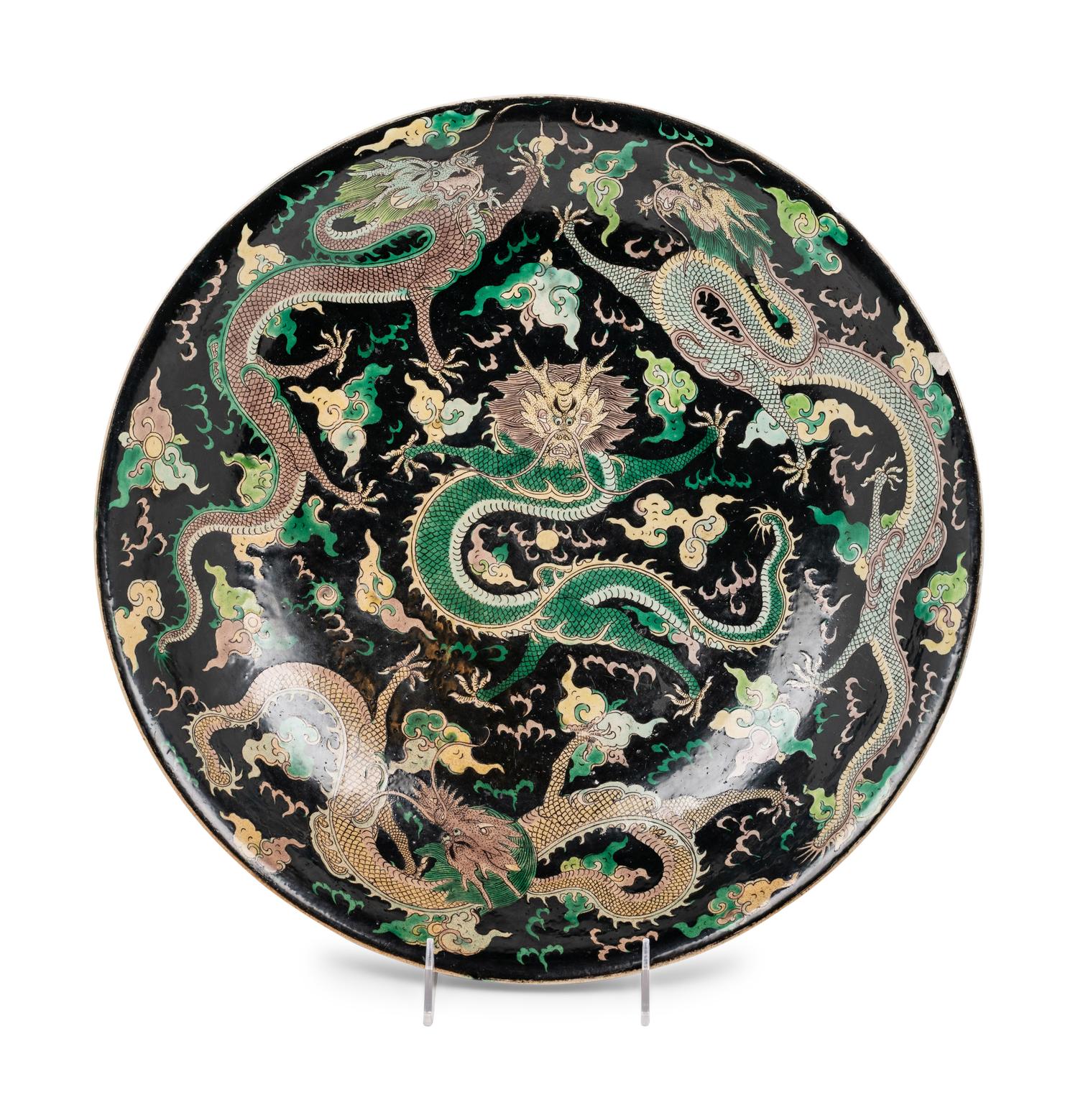 A Large Famille Noire Porcelain 'Dragon' Charger