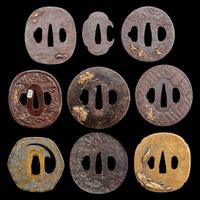 A group of nine assorted Japanese iron, brass, and soft metal tsuba 日本刀镡一组九件 Edo-Meiji period ?????