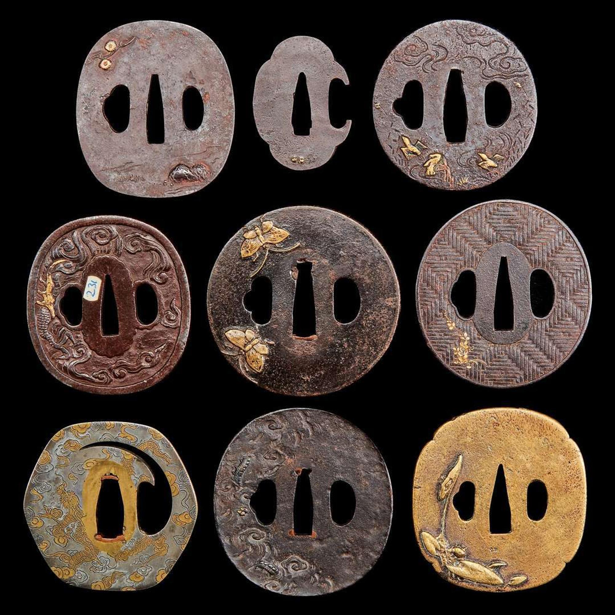 A group of nine assorted Japanese iron, brass, and soft metal tsuba 日本刀镡一组九件 Edo-Meiji period ?????