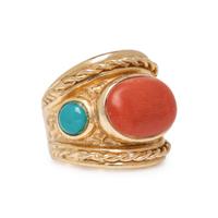 CORAL, TURQUOISE, AND YELLOW GOLD RING