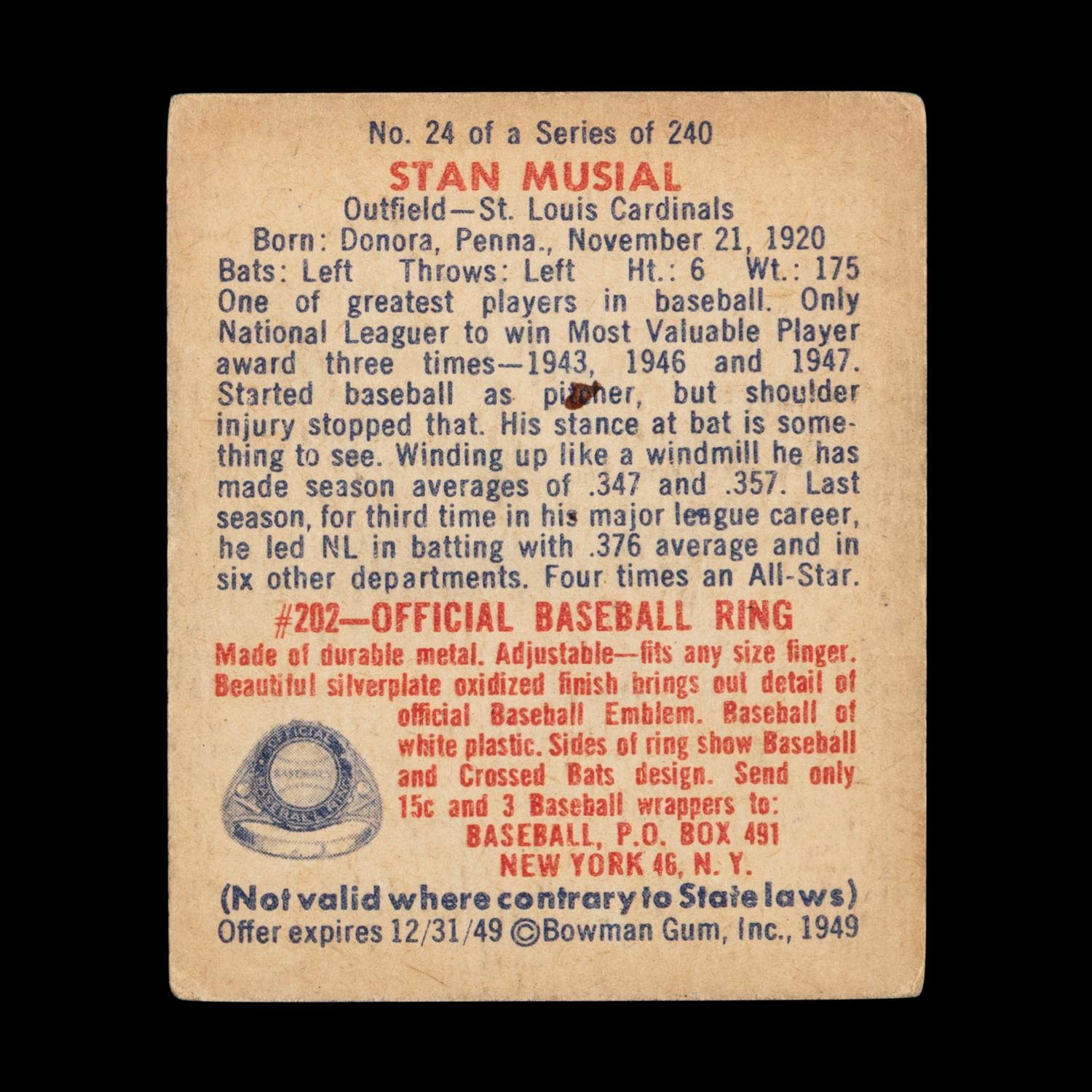A 1949 Bowman Stan Musial Baseball Card No. 24