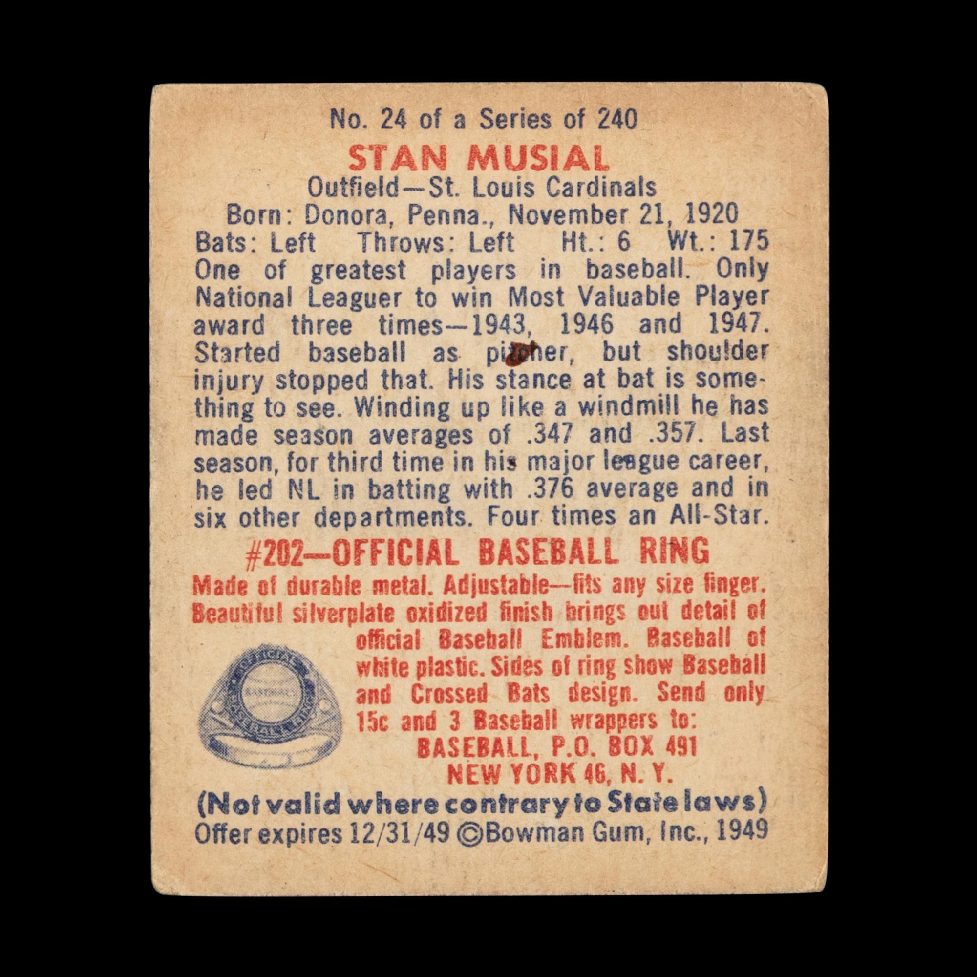 A 1949 Bowman Stan Musial Baseball Card No. 24
