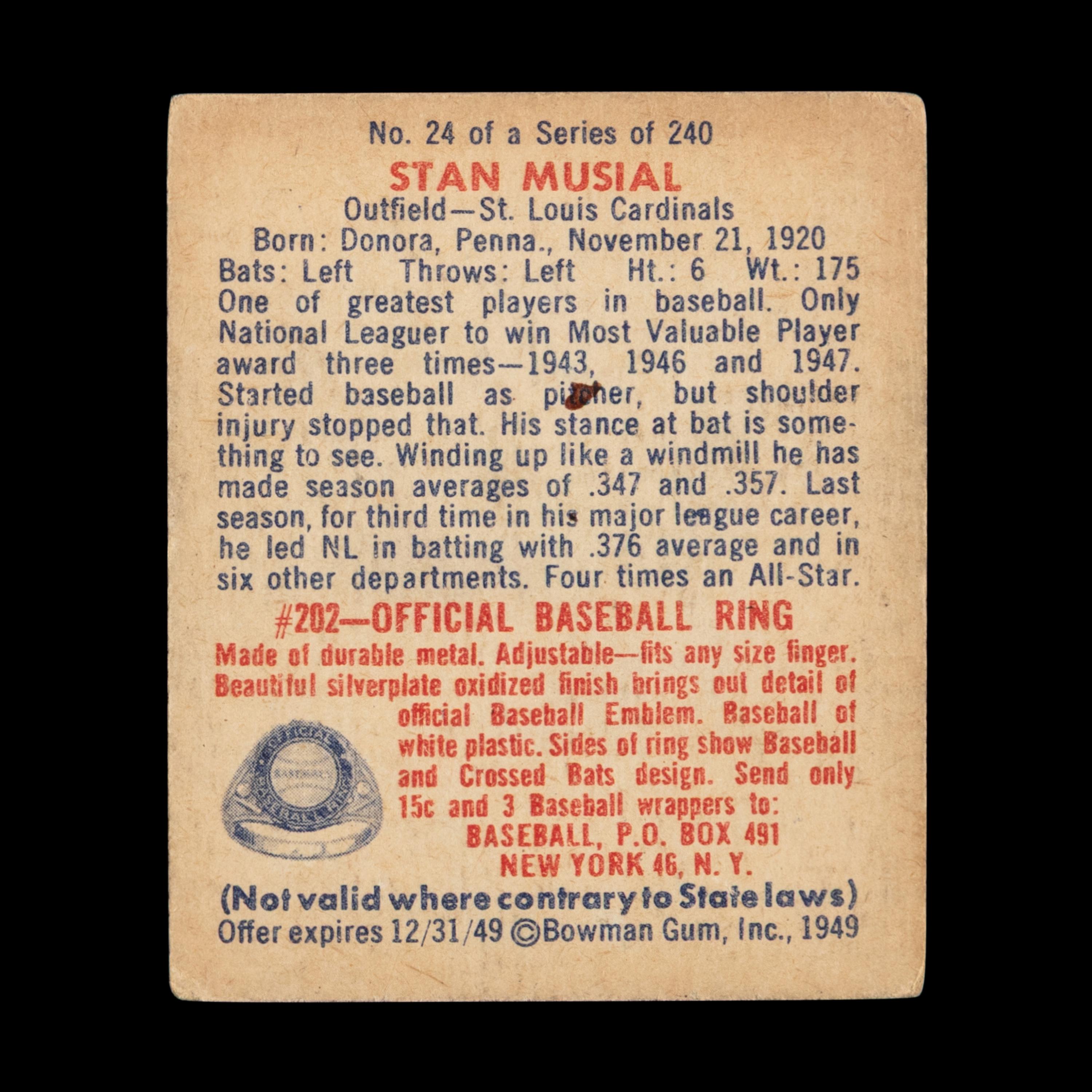 A 1949 Bowman Stan Musial Baseball Card No. 24