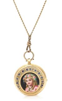 An 18 Karat Yellow Gold and Polychrome Enamel Pendant Watch, 18.90 dwts