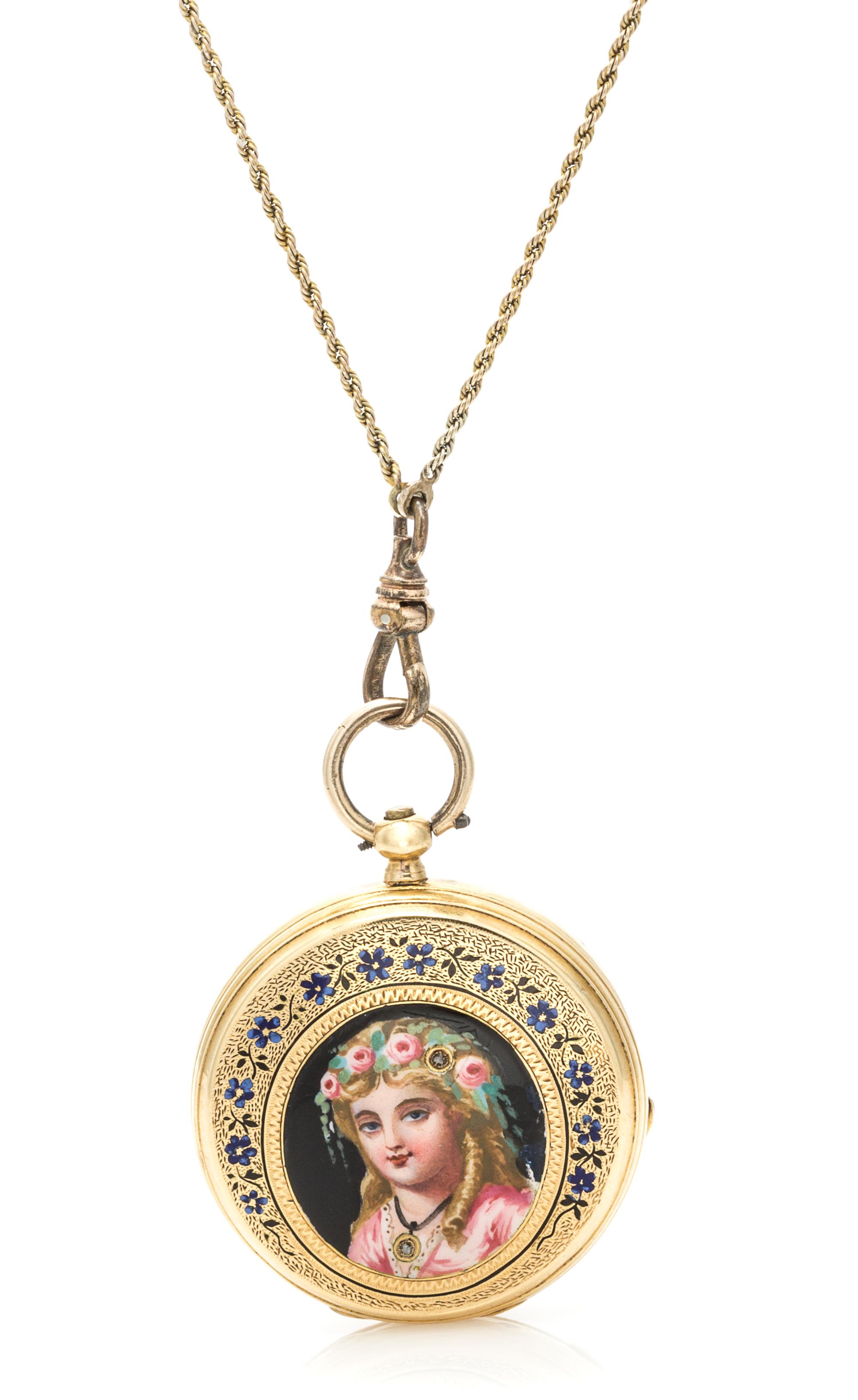 An 18 Karat Yellow Gold and Polychrome Enamel Pendant Watch, 18.90 dwts