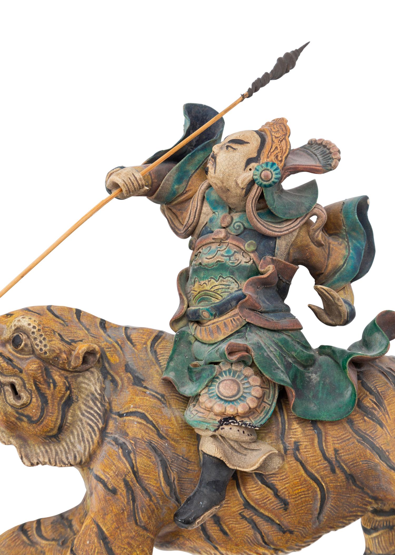 Two Chinese Painted Pottery Figural-Form Roof Tiles