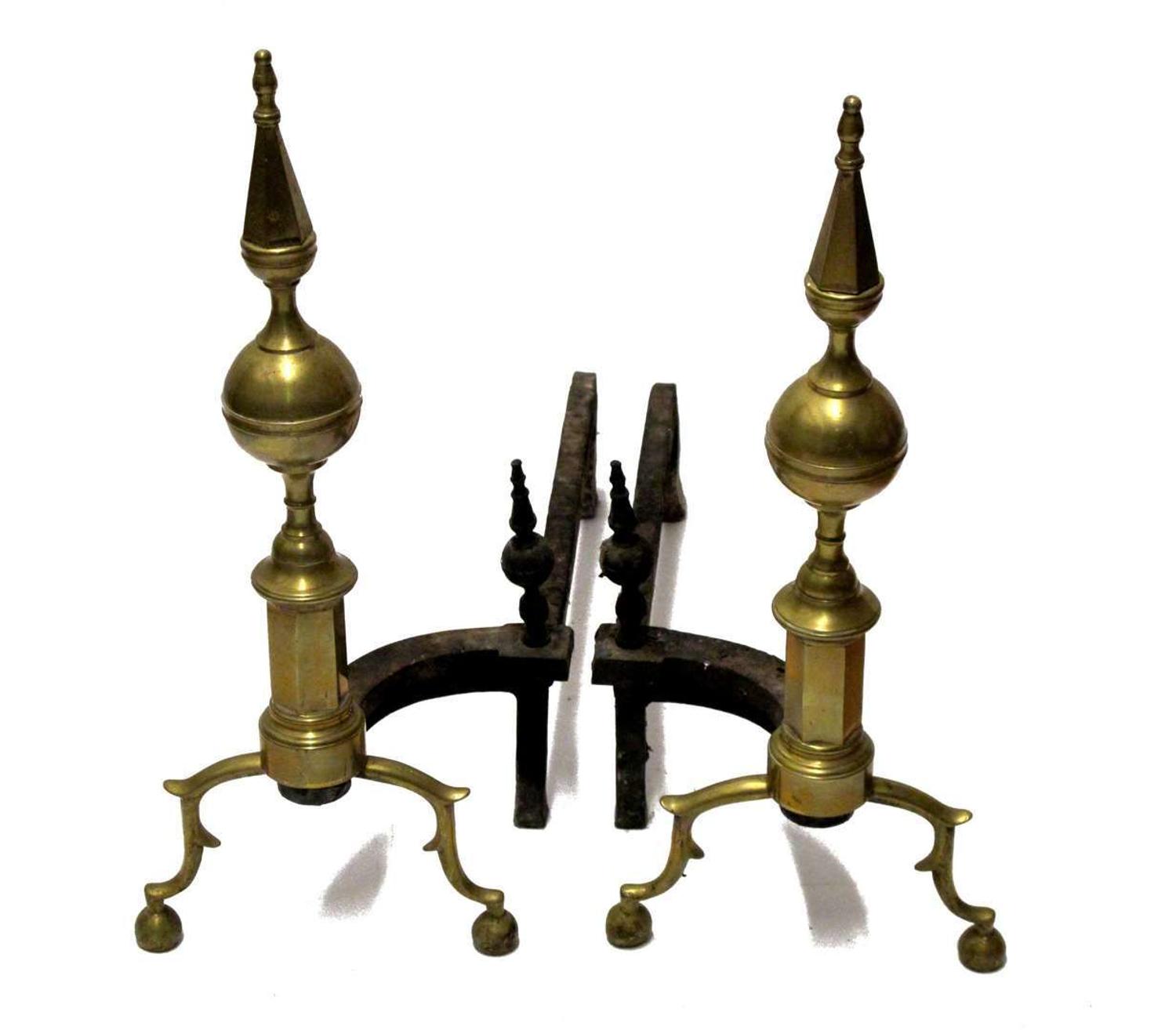Pair of brass steeple top andirons late 19th/20th century