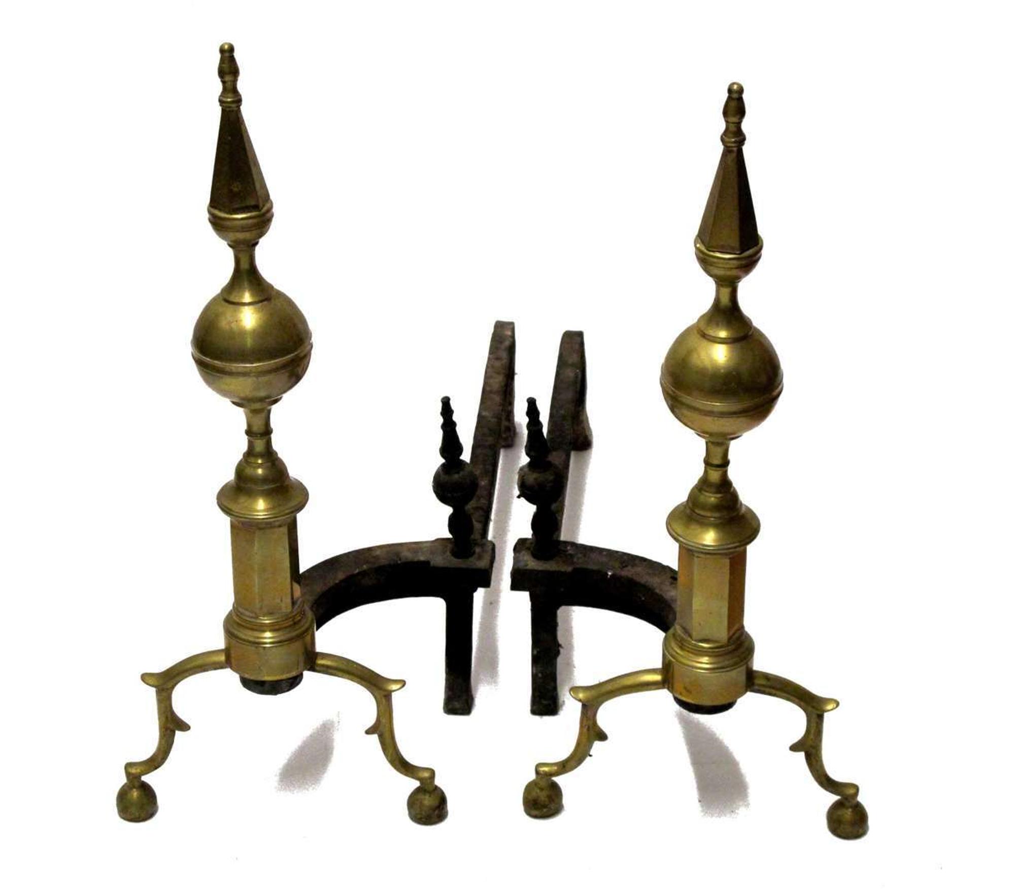 Pair of brass steeple top andirons late 19th/20th century