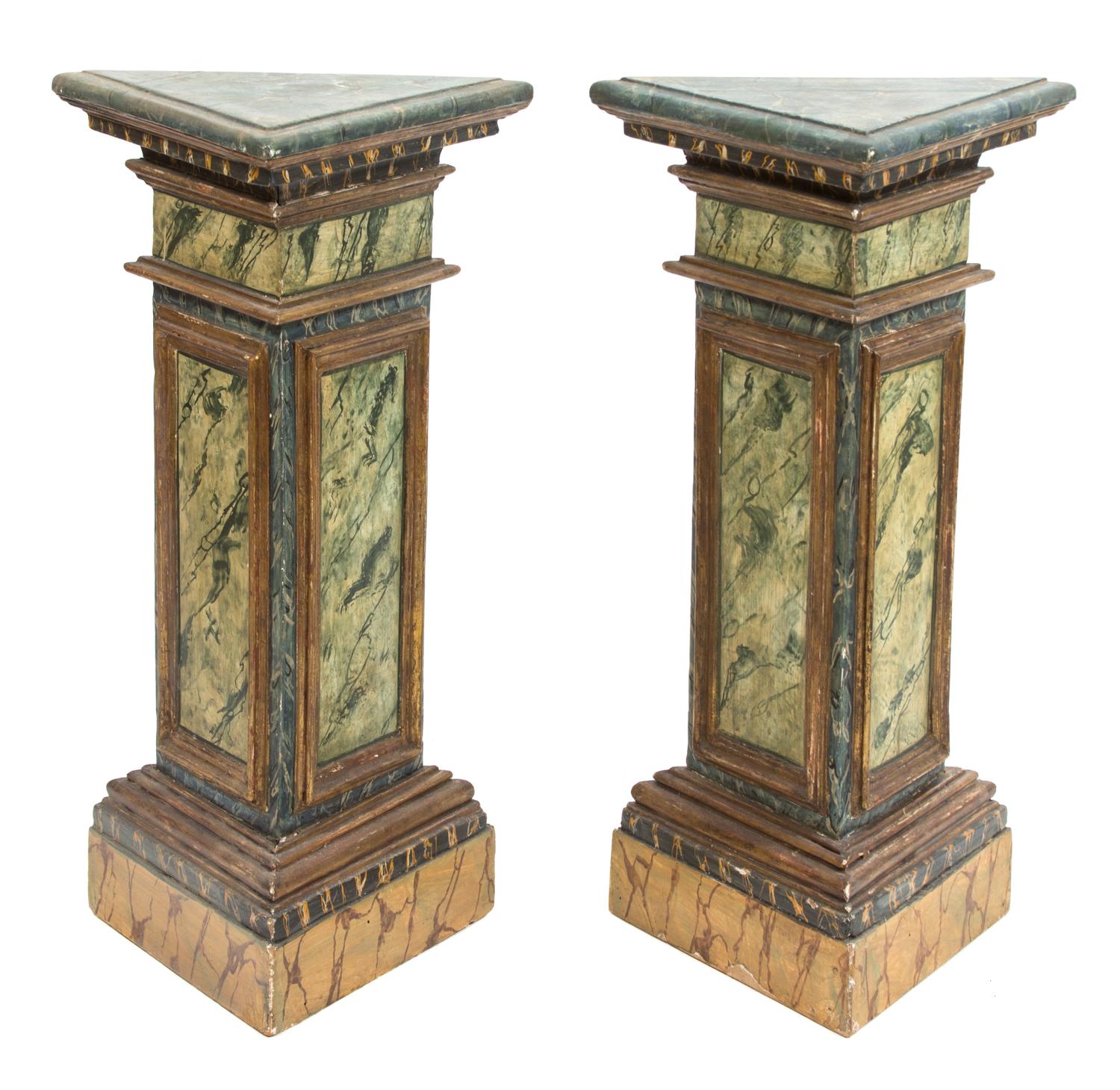 A Pair of Italian Faux Marble Painted Triangular Pedestals Height 30 1/2 x width 15 x depth 15 inches. — 19TH CENTURY