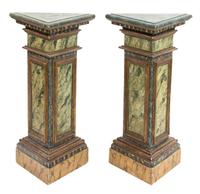A Pair of Italian Faux Marble Painted Triangular Pedestals Height 30 1/2 x width 15 x depth 15 inches. — 19TH CENTURY
