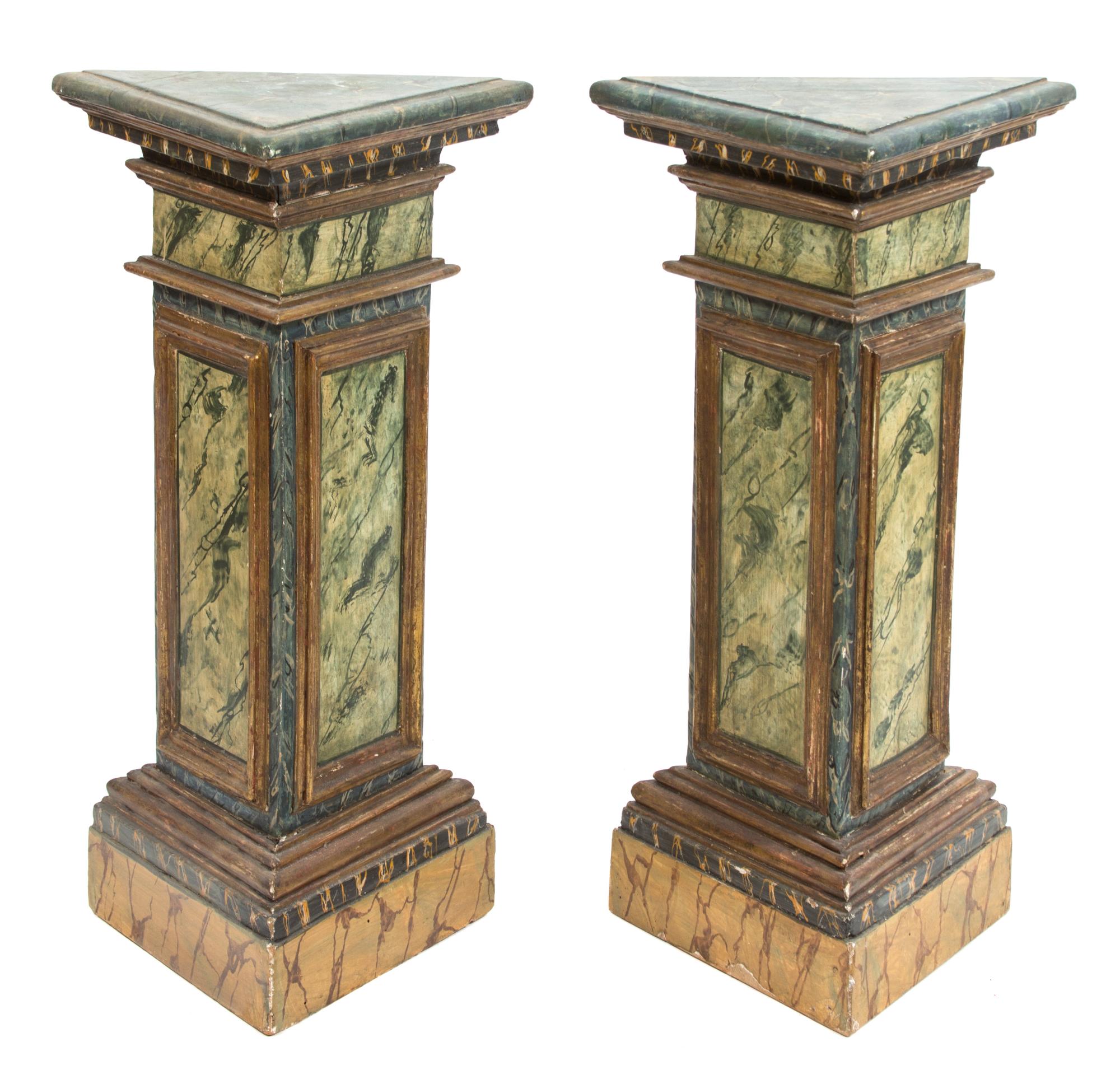 A Pair of Italian Faux Marble Painted Triangular Pedestals Height 30 1/2 x width 15 x depth 15 inches. — 19TH CENTURY