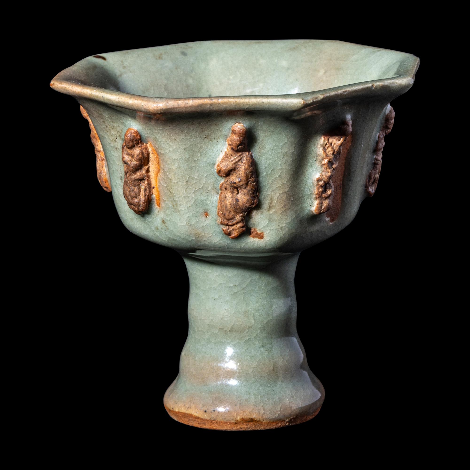 A Chinese Longquan Celadon Glazed Porcelain 'Eight Immortals' Stem Cup