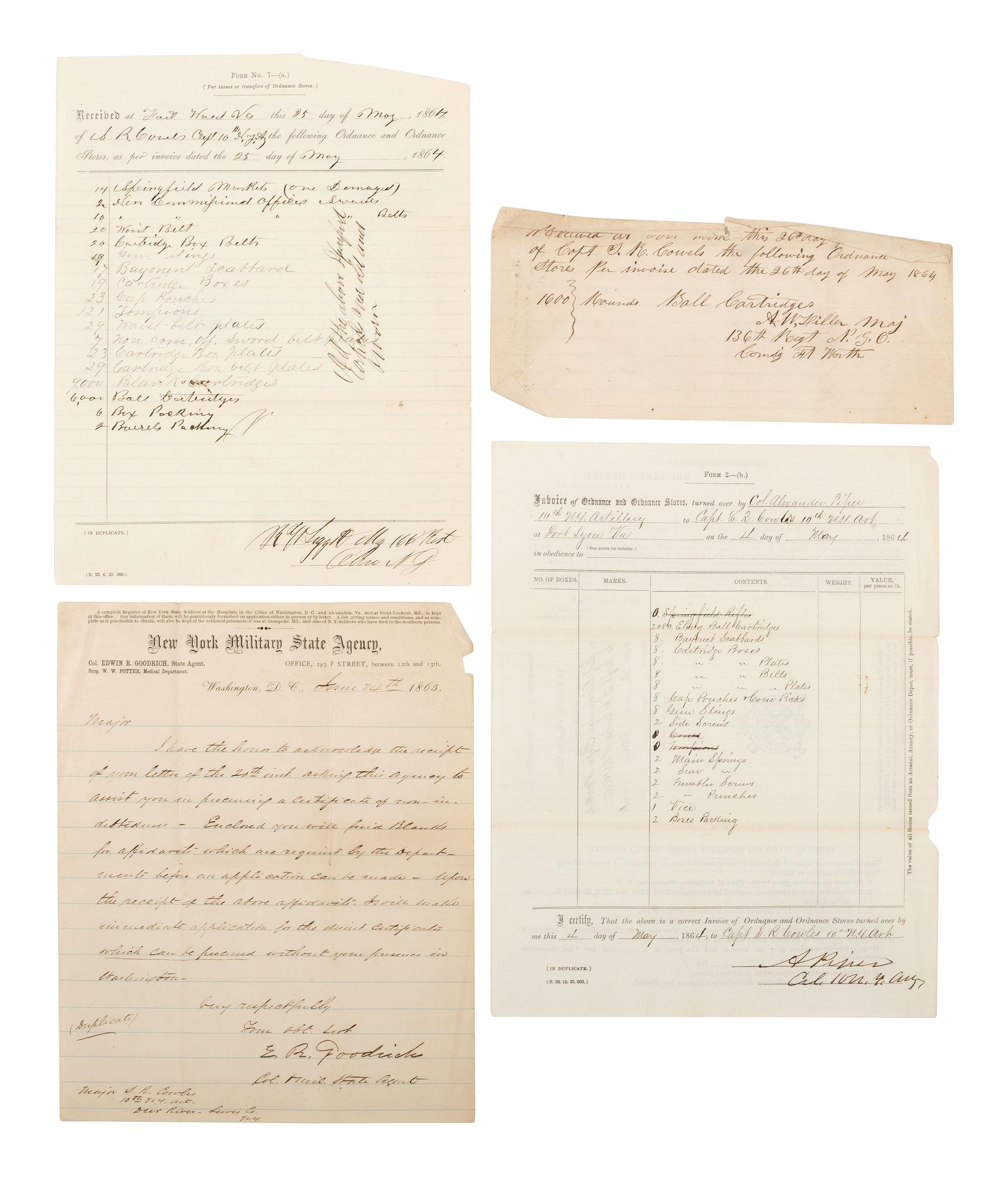 [CIVIL WAR]. Papers of Major Seneca Roe Cowles (1828-1901), Co. D, 10th New York Heavy Artillery, the "Black River Artillery."