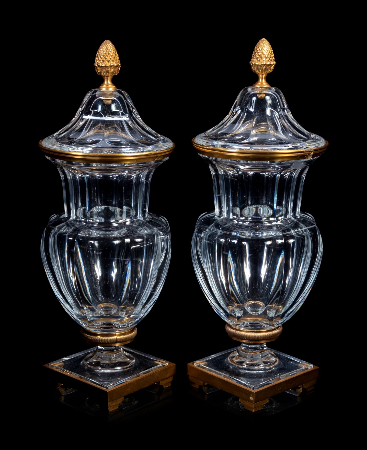 A Pair of Baccarat Gilt Metal Mounted Urns