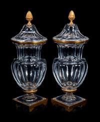 A Pair of Baccarat Gilt Metal Mounted Urns