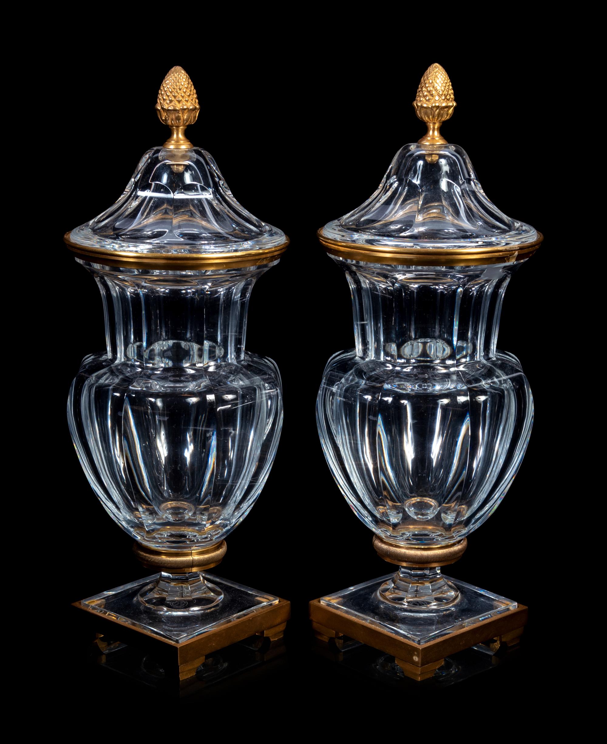 A Pair of Baccarat Gilt Metal Mounted Urns