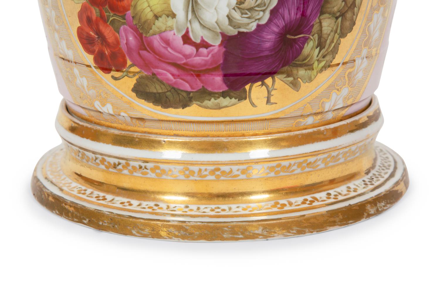 An English Painted and Parcel Gilt Porcelain Cache Pot and Stand