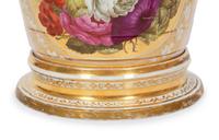 An English Painted and Parcel Gilt Porcelain Cache Pot and Stand