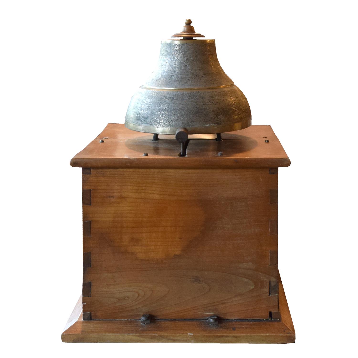 A Bronze Time Clock Bell on Wood Base 11.5" W x 11.5" D x 18" H — Italy