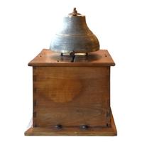 A Bronze Time Clock Bell on Wood Base 11.5" W x 11.5" D x 18" H — Italy