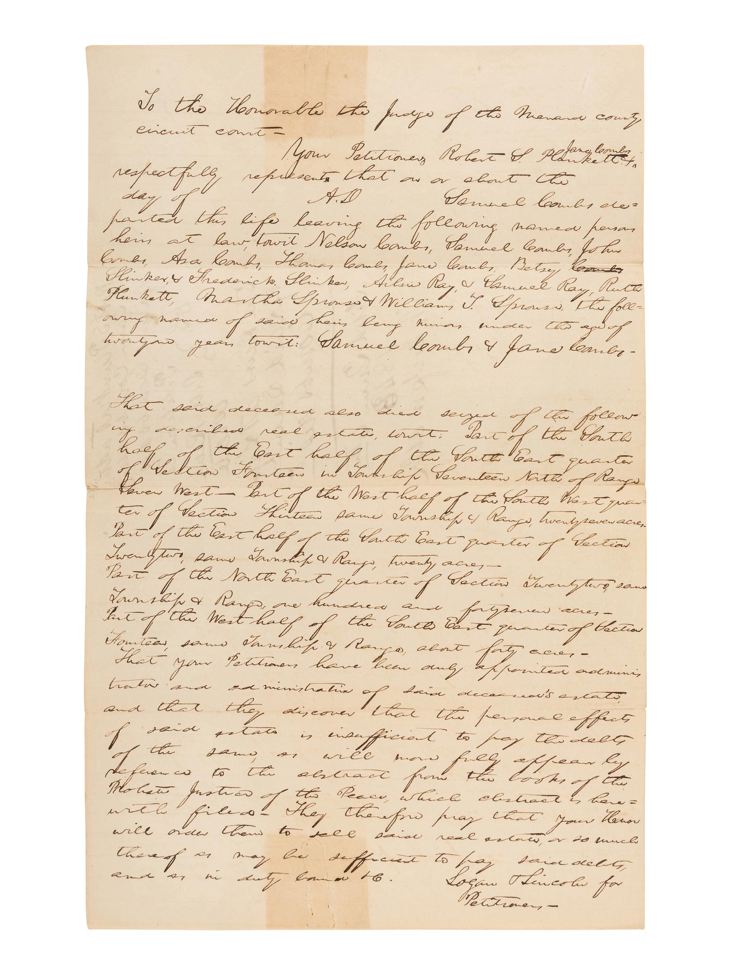 LINCOLN, Abraham (1809-1865). Autograph legal document signed under his firm's name "Logan & Lincoln." Menard County, Illinois, 6 June 1843.