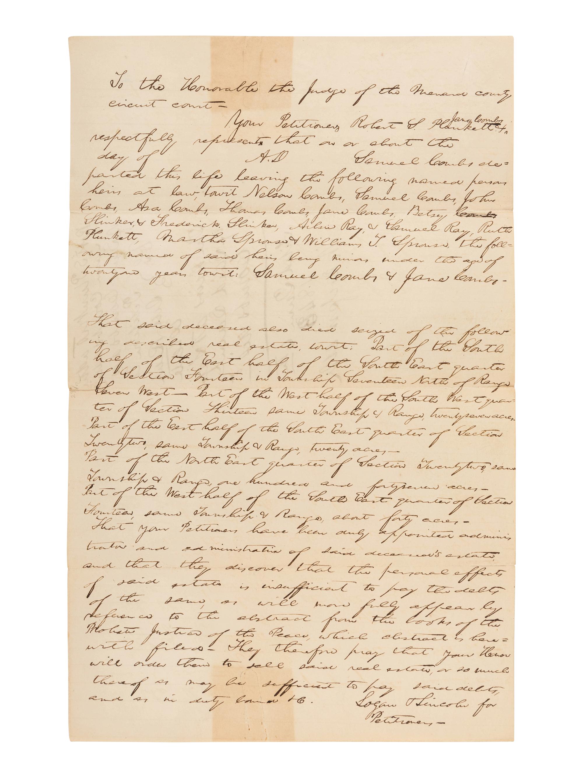 LINCOLN, Abraham (1809-1865). Autograph legal document signed under his firm's name "Logan & Lincoln." Menard County, Illinois, 6 June 1843.