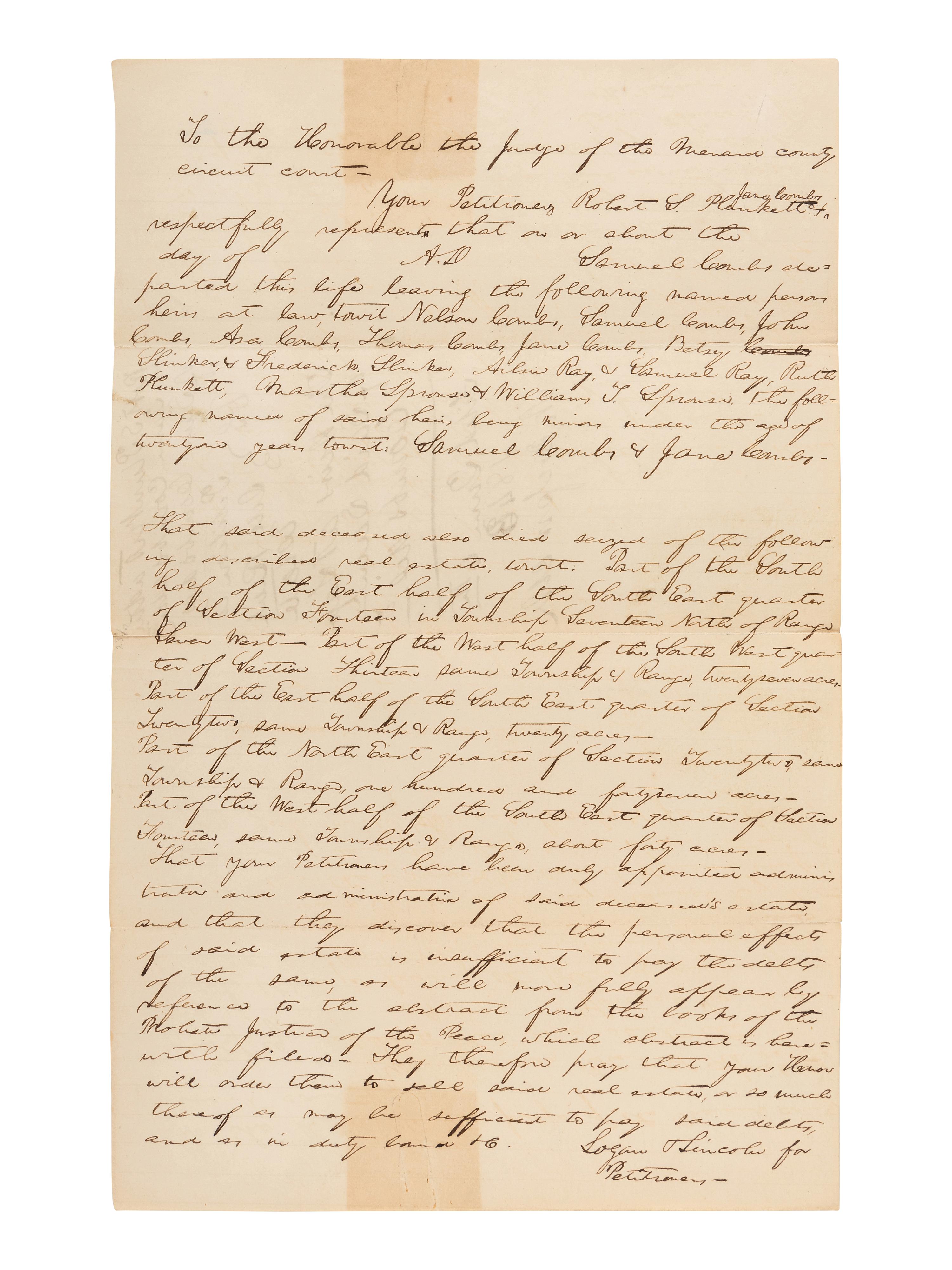 LINCOLN, Abraham (1809-1865). Autograph legal document signed under his firm's name "Logan & Lincoln." Menard County, Illinois, 6 June 1843.